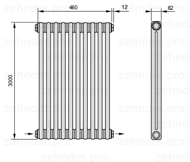 Схема (чертеж) Радиатор Zehnder Charleston 2300/10 №2670 Белый глянцевый RAL 9016